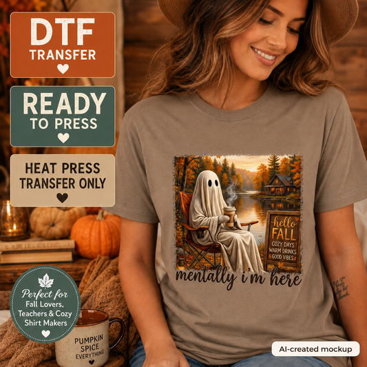 Woman wearing a brown Mentally I’m Here fall ghost shirt displayed as a ready-to-press DTF transfer mockup