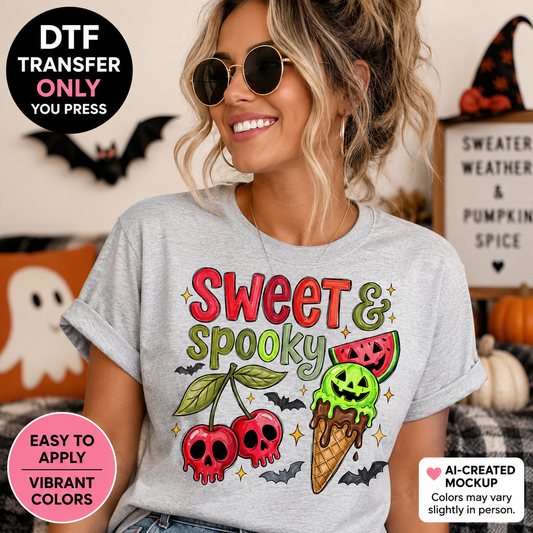 Woman wearing a gray Sweet and Spooky Halloween shirt with skull cherries and spooky ice cream DTF transfer design