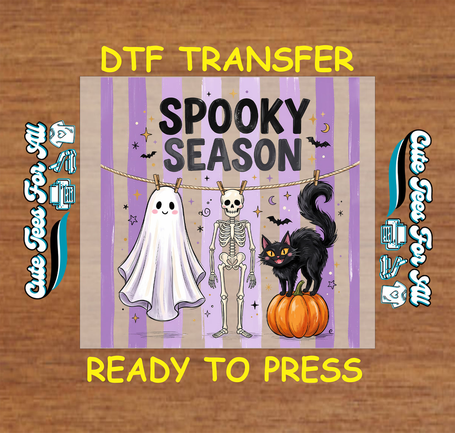 A square DTF transfer design featuring Halloween-themed graphics: a white ghost, a skeleton, a black cat on an orange pumpkin, and the text 'SPOOKY SEASON' on a lavender and beige striped background. The transfer is shown on a wood surface with yellow text reading 'DTF TRANSFER' and 'READY TO PRESS', plus decorative side text.