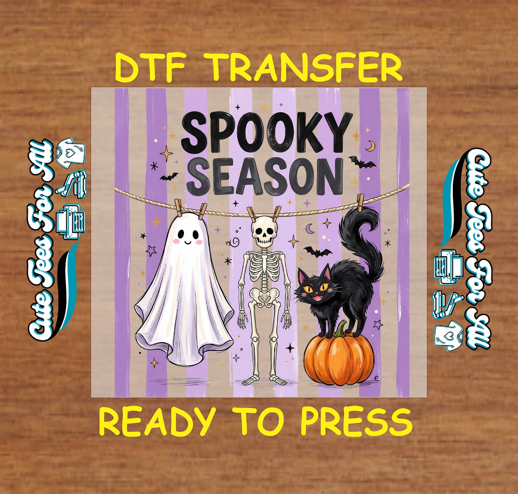 A square DTF transfer design featuring Halloween-themed graphics: a white ghost, a skeleton, a black cat on an orange pumpkin, and the text 'SPOOKY SEASON' on a lavender and beige striped background. The transfer is shown on a wood surface with yellow text reading 'DTF TRANSFER' and 'READY TO PRESS', plus decorative side text.