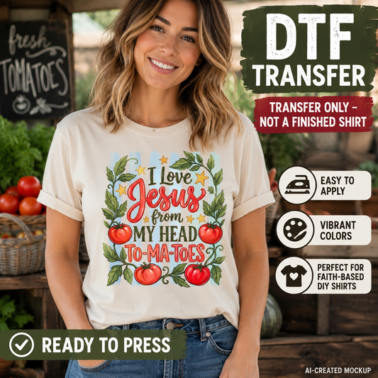 Woman wearing a cream I Love Jesus From My Head Tomatoes Christian shirt shown as a ready-to-press DTF transfer mockup