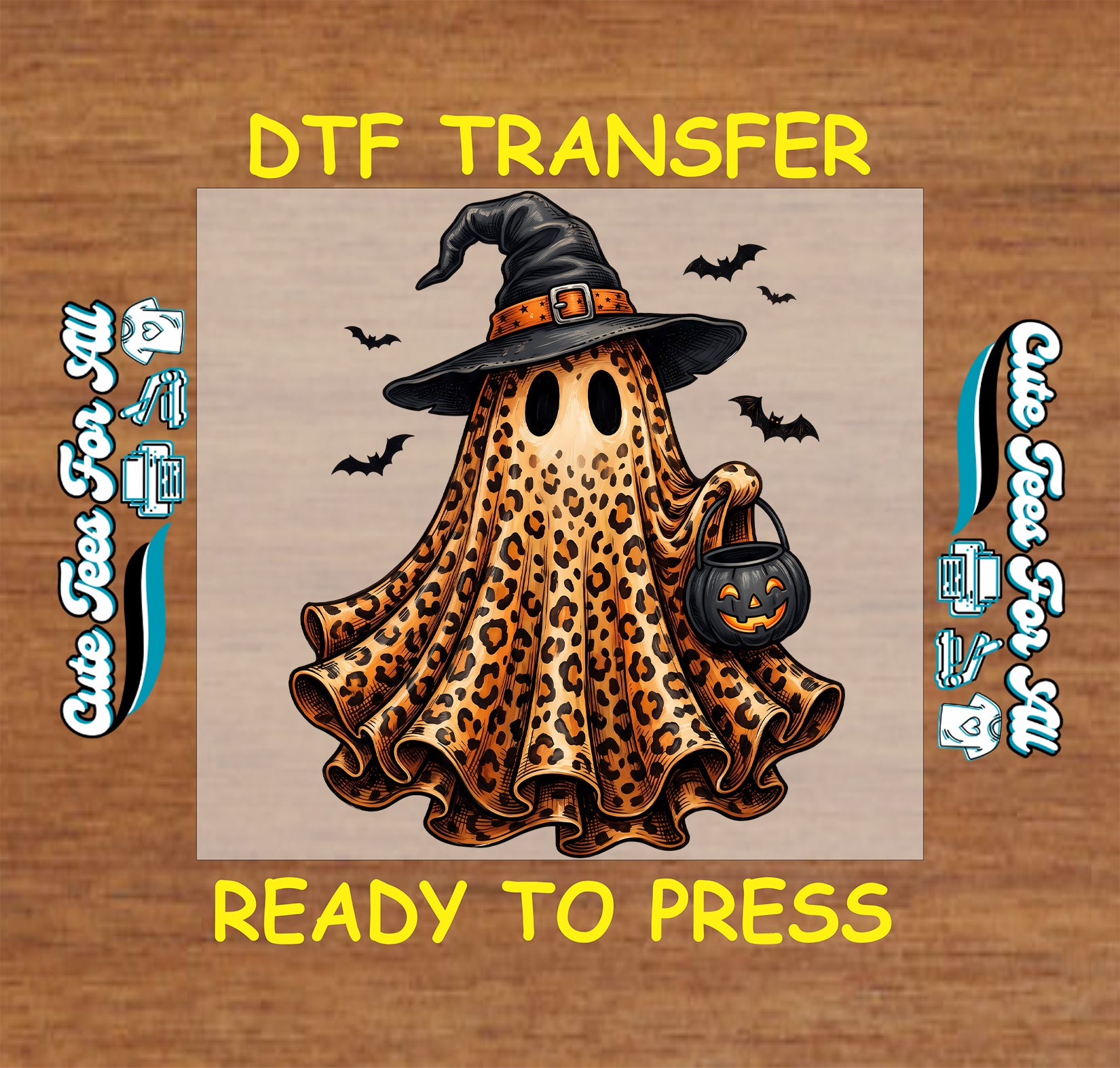 A square graphic for a DTF transfer featuring a cartoon ghost in a leopard print Halloween cape and witch hat holding a jack-o'-lantern, with the text 'DTF TRANSFER' and 'READY TO PRESS' on a wood background.