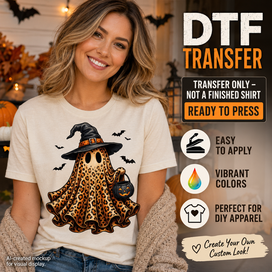 A woman wearing a cream-colored t-shirt with a DTF (Direct to Film) graphic of a leopard-print ghost in a witch hat. The image is a promotional mockup for a custom transfer, featuring text overlays explaining that it is a 'READY TO PRESS' transfer and highlighting key features like vibrant colors and easy application.