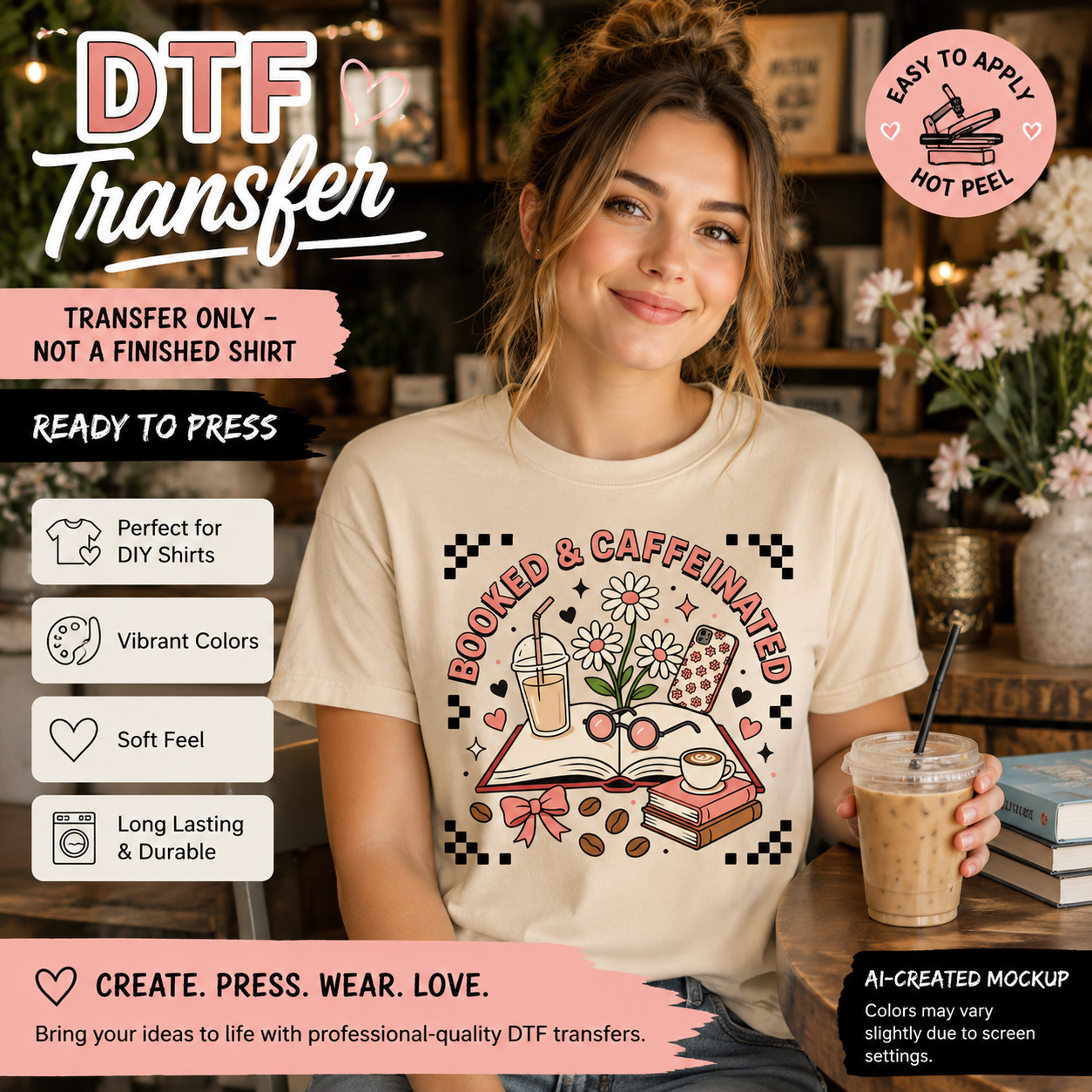 Woman wearing a cream Booked and Caffeinated book lover shirt with coffee, flowers, books, and reading glasses DTF design