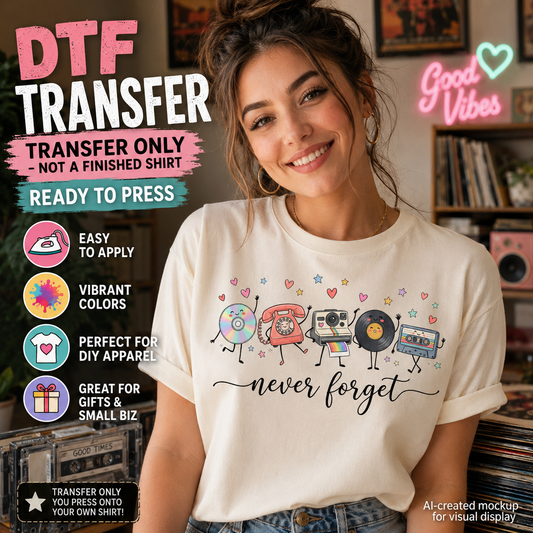 Woman wearing a cream Never Forget retro nostalgia shirt featuring a CD, telephone, camera, vinyl record, and cassette tape