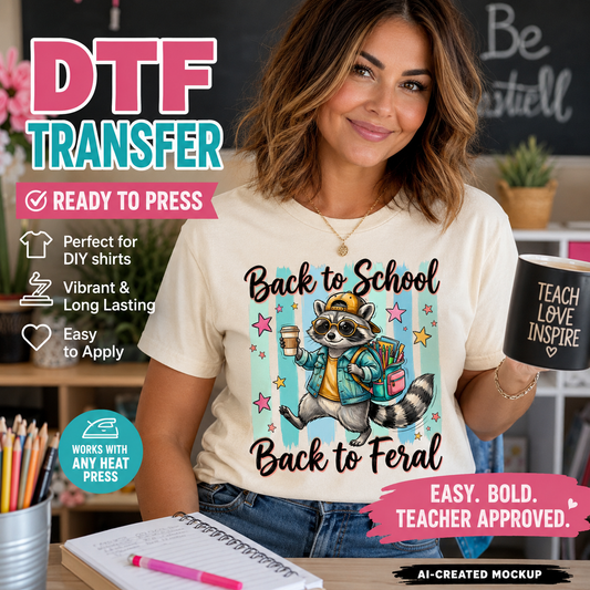 A woman wearing a cream-colored DTF transfer t-shirt with a cartoon raccoon graphic and the text 'Back to School Back to Feral'. The image is a promotional mockup with text overlays highlighting the features of the DTF transfer.