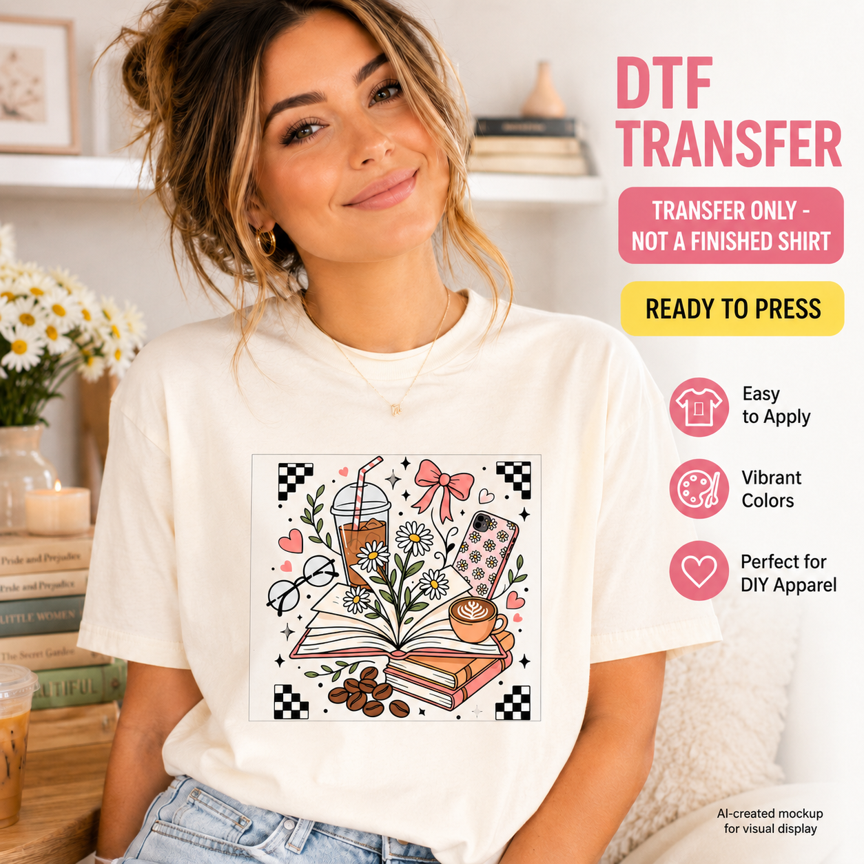 Girly book lover DTF transfer mockup featuring books, coffee, bows, daisies and checkerboard accents on a cream shirt