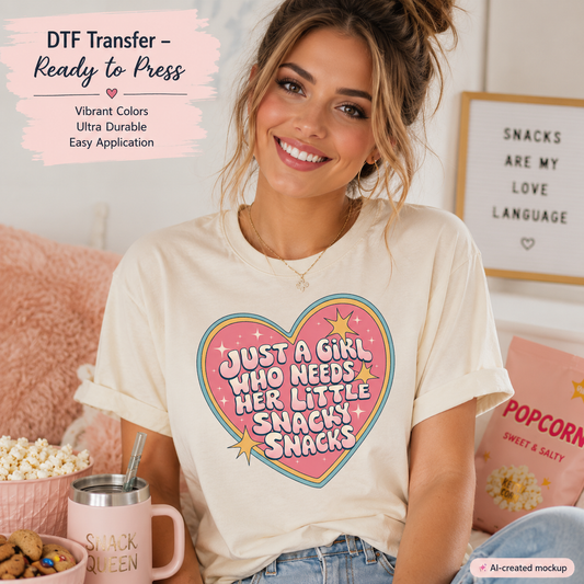 Snack lover DTF transfer mockup featuring Just a Girl Who Needs Her Little Snacky Snacks retro heart design on a cream shirt