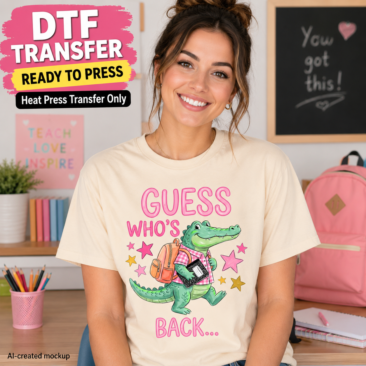 Back-to-school DTF transfer mockup featuring a colorful Guess Who’s Back alligator design on a cream shirt