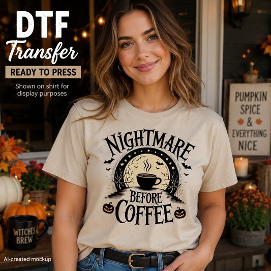 Halloween coffee DTF transfer mockup featuring a Nightmare Before Coffee design with moon, bats and pumpkins on a cream shirt
