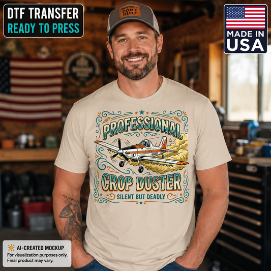 Funny Professional Crop Duster Silent But Deadly DTF transfer displayed on a beige men’s T-shirt mockup