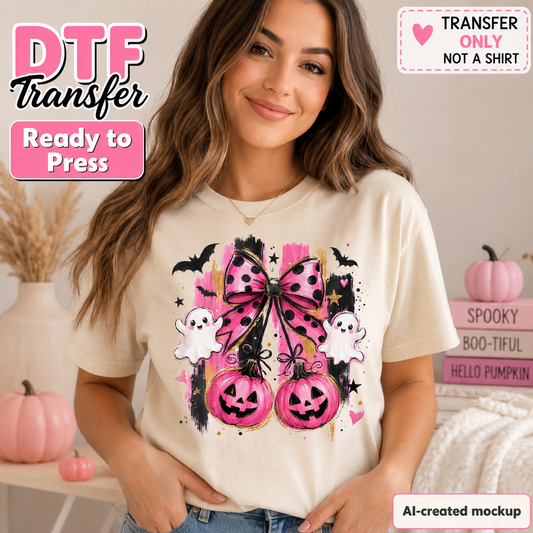 A woman wearing a cream-colored t-shirt with a Halloween-themed graphic print featuring a pink and black polka-dot bow, jack-o'-lanterns, ghosts, and bats. The image includes promotional text overlays reading 'DTF Transfer', 'Ready to Press', 'TRANSFER ONLY NOT A SHIRT', and 'AI-created mockup'.