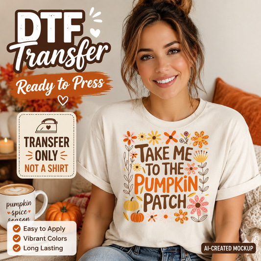 A smiling woman seated indoors wearing a white graphic T-shirt with autumn-themed text reading 'TAKE ME TO THE PUMPKIN PATCH' and colorful floral and pumpkin illustrations. Large promotional text at the top says 'DTF Transfer Ready to Press,' with smaller callouts about applying only to a transfer and mockup style.