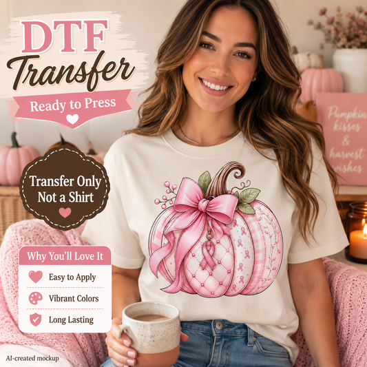 Breast cancer awareness DTF transfer featuring a pink ribbon pumpkin displayed on a cream women’s T-shirt mockup