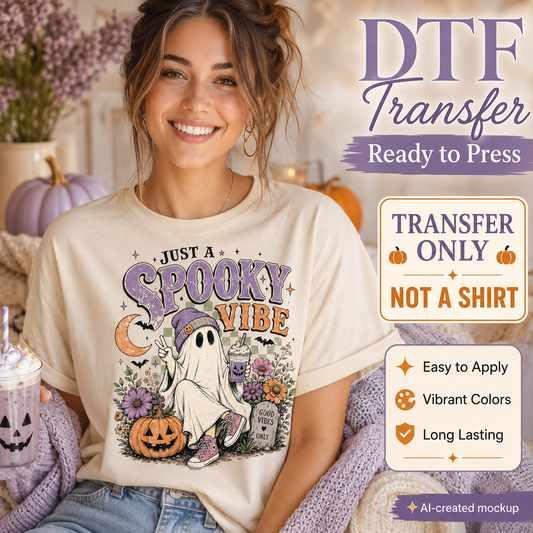 Girly Halloween DTF transfer featuring a Just a Spooky Vibe ghost design displayed on a cream women’s T-shirt mockup