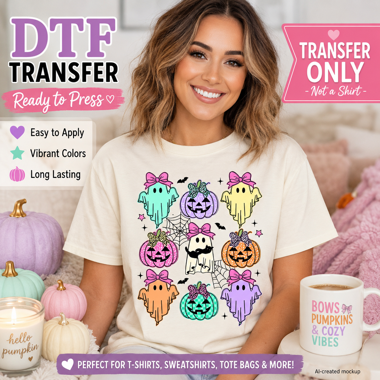 Girly Halloween DTF transfer with colorful pastel ghosts, bow pumpkins and spiderwebs displayed on a cream women’s T-shirt mockup
