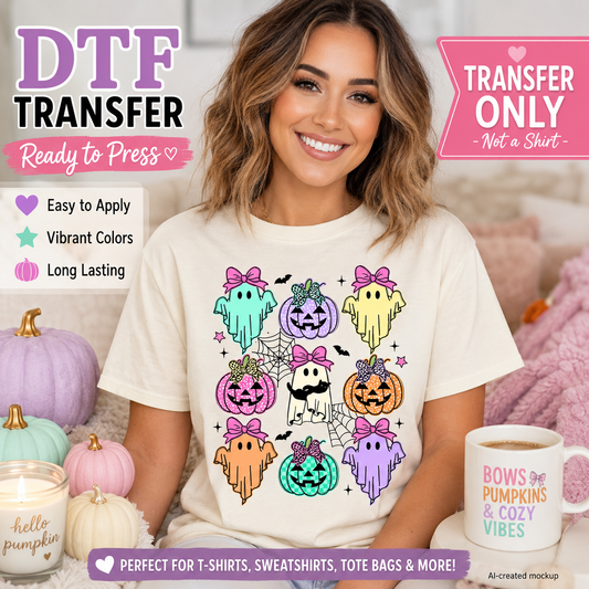 Girly Halloween DTF transfer with colorful pastel ghosts, bow pumpkins and spiderwebs displayed on a cream women’s T-shirt mockup