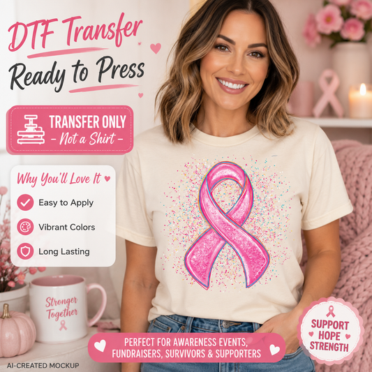 Breast cancer awareness DTF transfer with a bright pink ribbon and colorful paint splatter displayed on a cream women’s T-shirt mockup