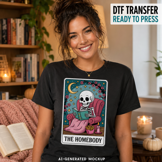 Halloween book lover DTF transfer featuring The Homebody skeleton reading a book on a black women’s T-shirt mockup