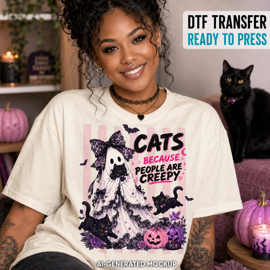Funny Halloween cat DTF transfer with Cats Because People Are Creepy design shown on a cream women’s T-shirt mockup