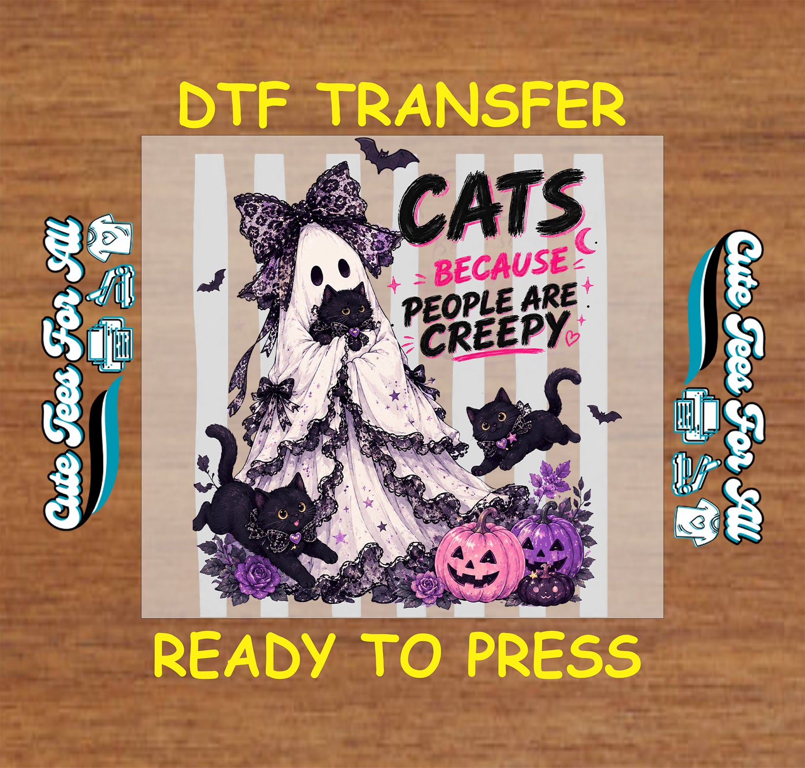 Cats Because People Are Creepy Halloween DTF transfer featuring a ghost, black cats, bats, flowers, and pink and purple pumpkins