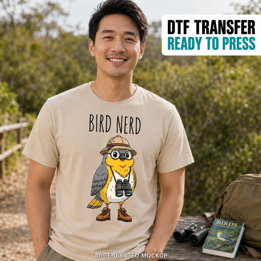 Bird Nerd DTF transfer displayed on a beige men’s T-shirt mockup in an outdoor bird-watching setting