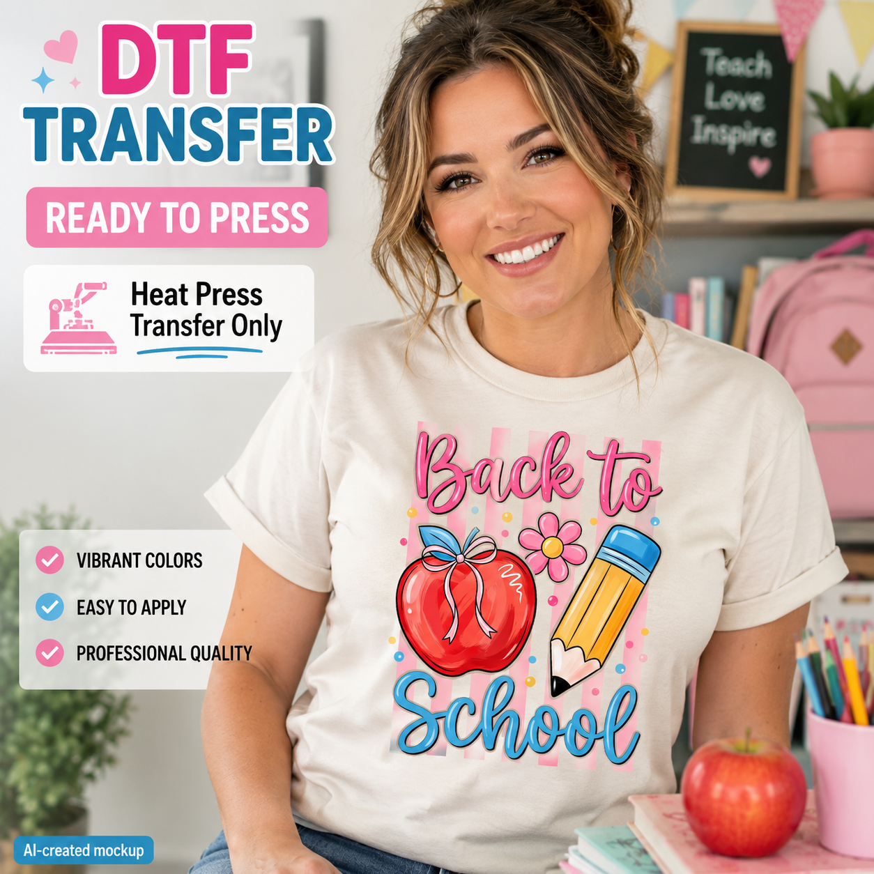 A woman wearing a cream-colored t-shirt with a colorful 'Back to School' graphic featuring a red apple, yellow pencil, and blue text. The image is a promotional mockup with text overlays highlighting features of a DTF transfer service.