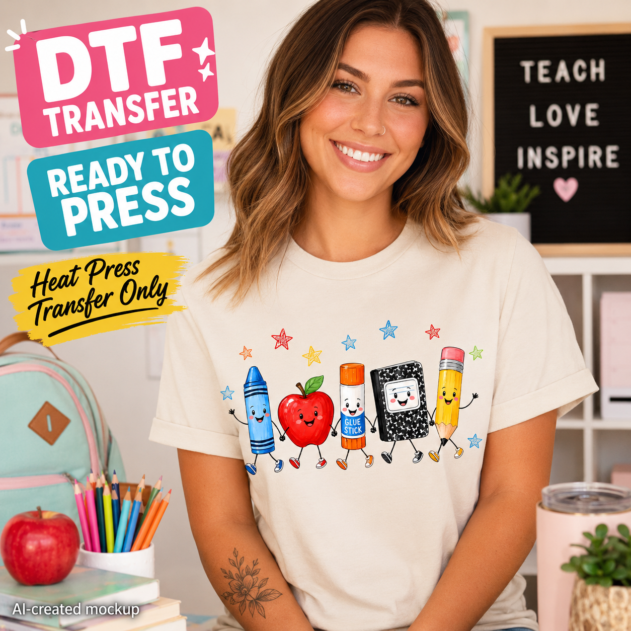 A woman wearing a cream-colored t-shirt with a colorful graphic of cartoon school supplies (crayon, apple, glue stick, tablet, and pencil) walking together. The image includes promotional text overlays reading 'DTF TRANSFER', 'READY TO PRESS', and 'Heat Press Transfer Only' on a bright, decorated classroom background.