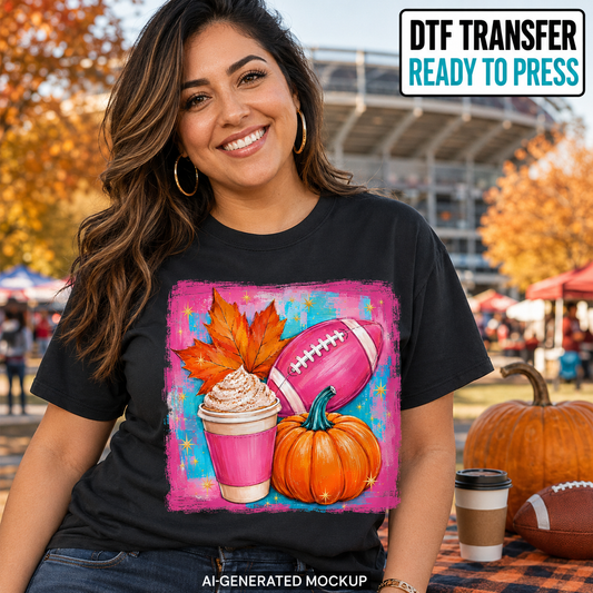 Fall football DTF transfer with pink football, pumpkin spice drink, autumn leaf, and pumpkin displayed on a black women’s T-shirt mockup
