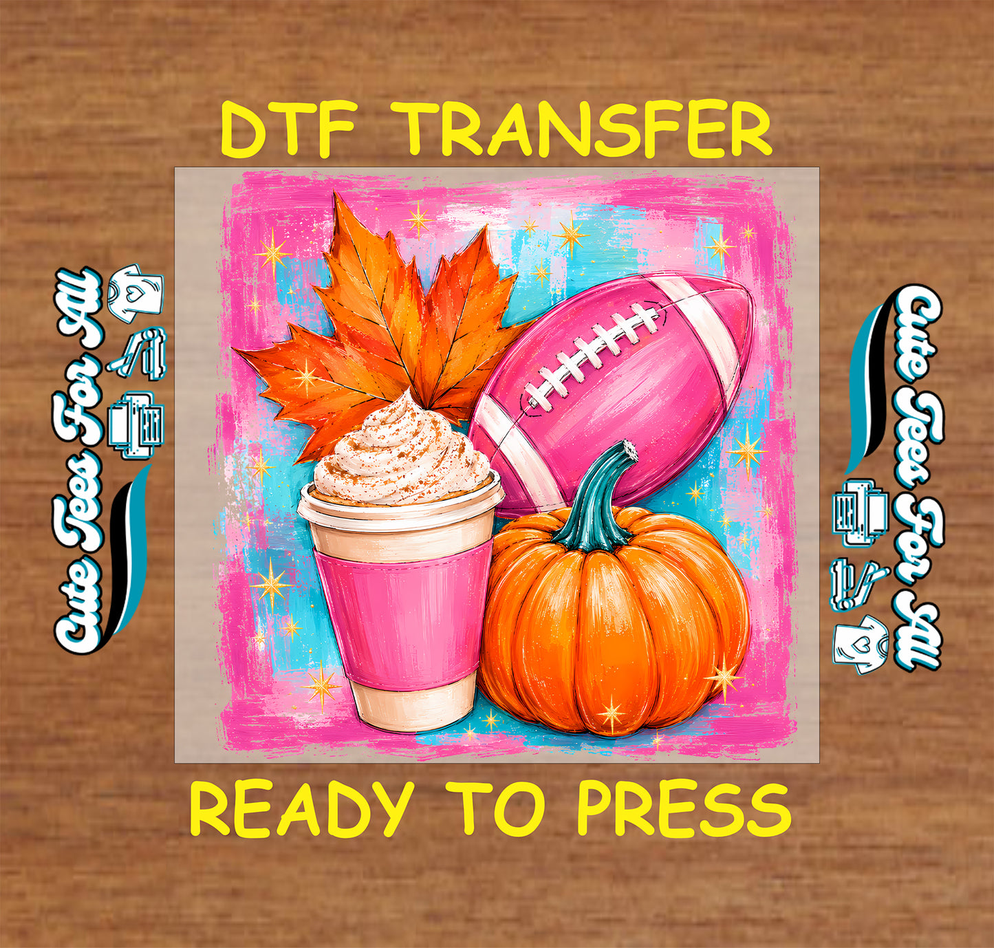 Girly fall football DTF transfer featuring a pink football, pumpkin spice coffee, orange pumpkin, maple leaf, and colorful background