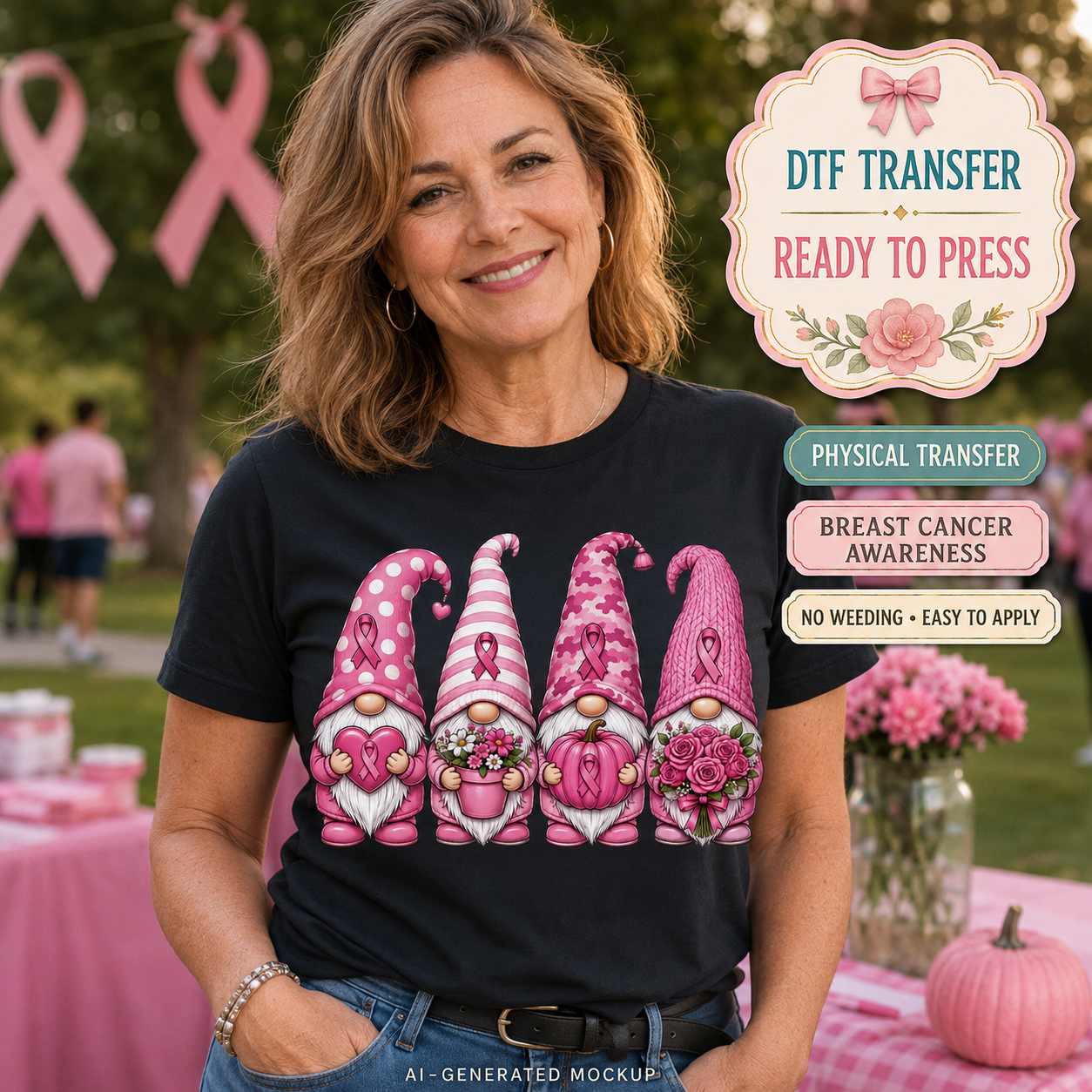 A smiling woman wearing a black graphic T-shirt with four pink gnome illustrations and breast cancer awareness ribbon motifs. The photo is outdoors at a pink-themed event, with promotional text badges on the right reading 'DTF TRANSFER READY TO PRESS', 'PHYSICAL TRANSFER', 'BREAST CANCER AWARENESS', and 'NO WEDDING - EASY TO APPLY'.