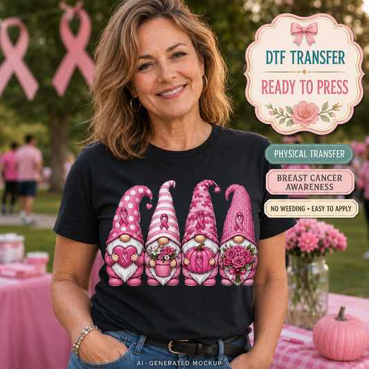 A smiling woman wearing a black graphic T-shirt with four pink gnome illustrations and breast cancer awareness ribbon motifs. The photo is outdoors at a pink-themed event, with promotional text badges on the right reading 'DTF TRANSFER READY TO PRESS', 'PHYSICAL TRANSFER', 'BREAST CANCER AWARENESS', and 'NO WEDDING - EASY TO APPLY'.
