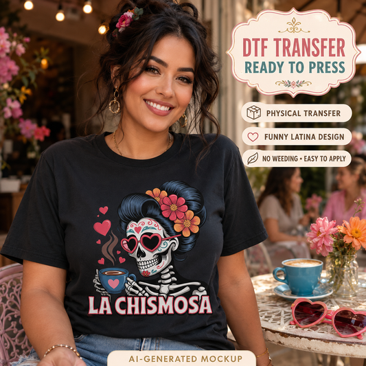 A woman wearing a black graphic T-shirt with a Day of the Dead skeleton design and the text 'LA CHISMOSA'. The image includes promotional text overlays reading 'DTF TRANSFER READY TO PRESS' and 'AI-GENERATED MOCKUP', set in a cafe-like environment.