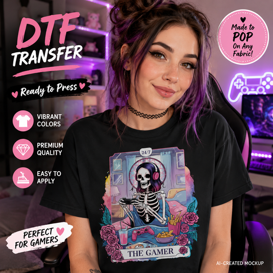 A woman wearing a black graphic T-shirt with a colorful cartoon skeleton gaming design. The image includes promotional text and badges for a DTF transfer mockup, with a gaming setup visible in the background.