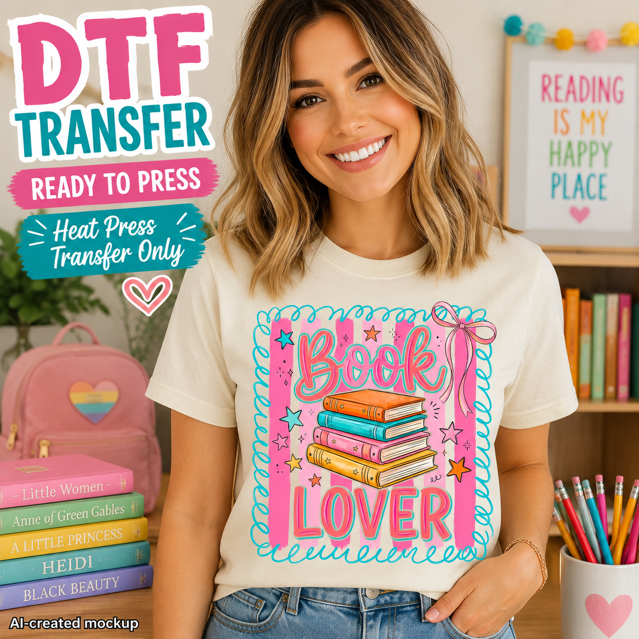 A smiling woman wearing a cream graphic T-shirt with a colorful 'Book Lover' design featuring stacked books and stars, set in a cozy room with books and a pink backpack in the background. Promotional text overlays on the left read 'DTF TRANSFER READY TO PRESS'.