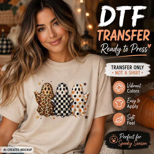 Woman wearing a trendy three-ghost Halloween DTF transfer on a cream shirt in a cozy fall setting