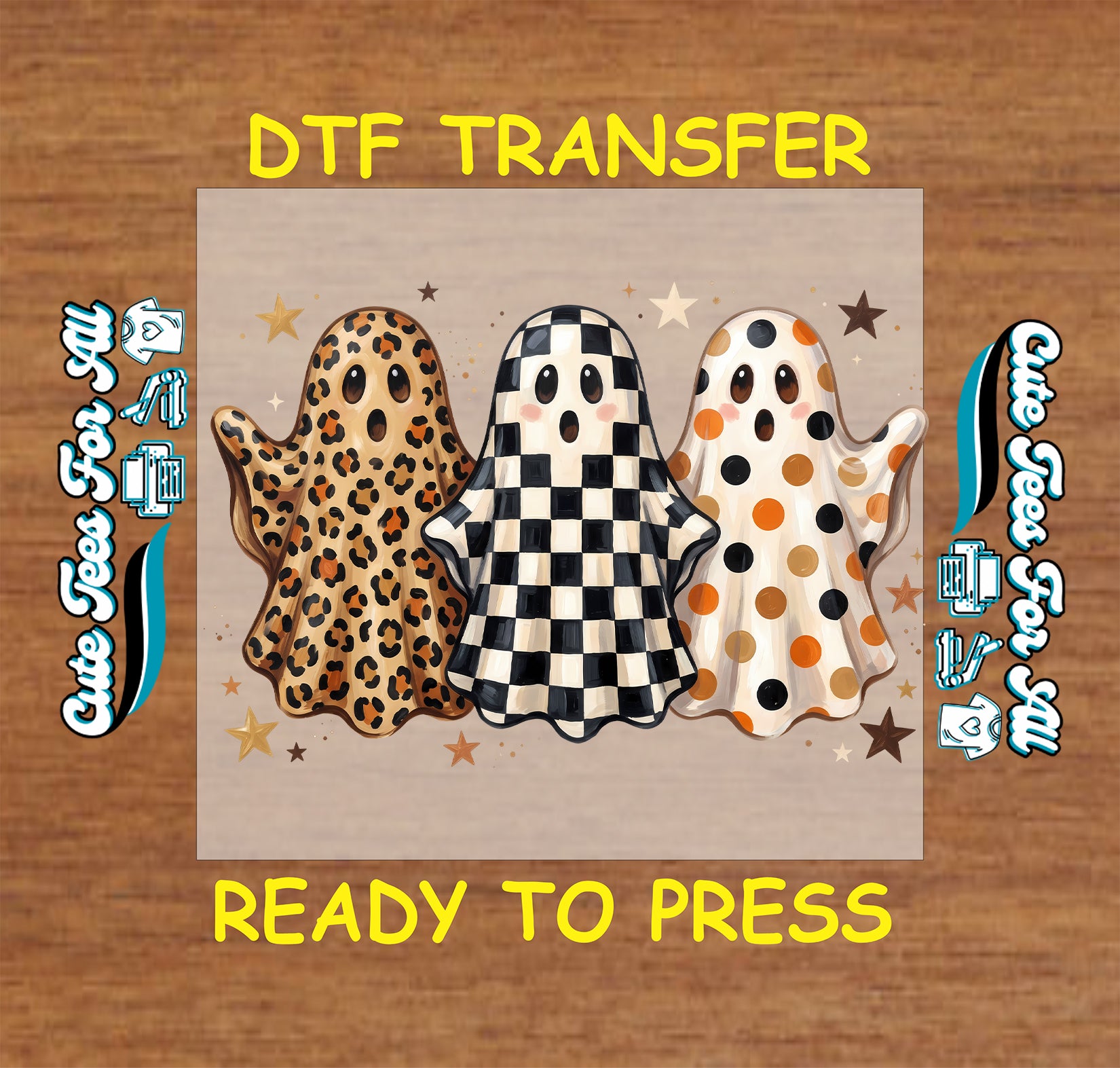 A DTF transfer design featuring three cartoon ghosts with leopard print, black-and-white checkered, and orange polka dot patterns, displayed on a beige background with 'DTF TRANSFER' and 'READY TO PRESS' text on a wood texture backdrop.
