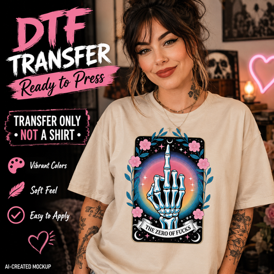 A woman wearing a beige graphic T-shirt with a large printed design of a skeletal hand giving the middle finger, surrounded by pink flowers and blue leaves. The image includes promotional text overlays on the left side describing the transfer product features.