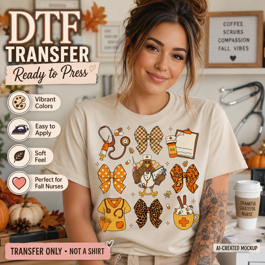 A woman wearing a cream-colored t-shirt with a colorful 'Fall Nurse' graphic design, set in a cozy, autumn-themed room with pumpkins and fall decor. The image features promotional text overlays for a 'DTF Transfer Ready to Press' product.