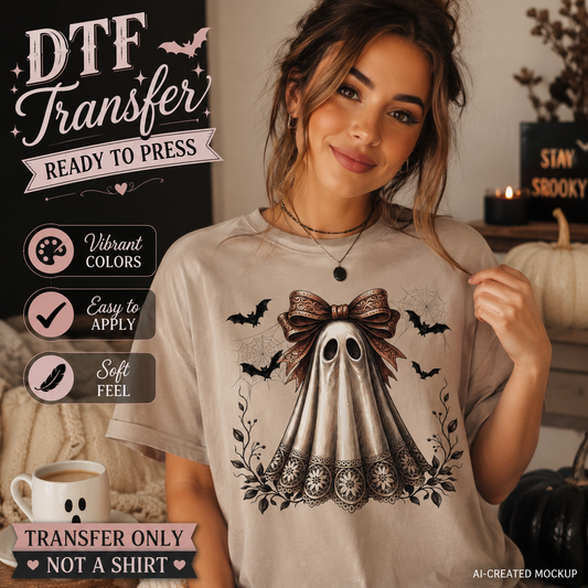 Girly Halloween boho ghost with brown bow DTF transfer shown on beige shirt mockup