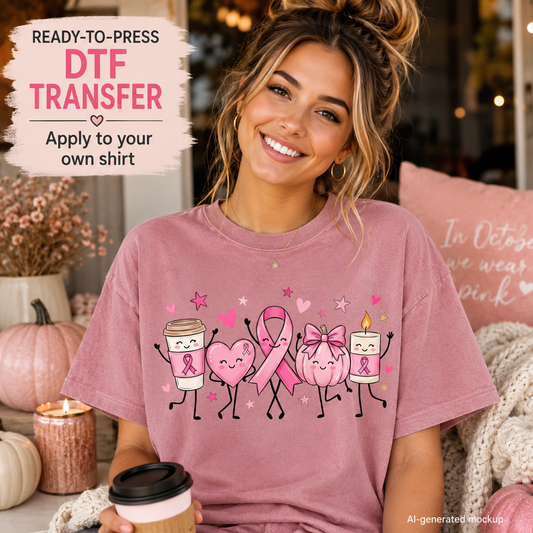 Breast cancer awareness pink ribbon coffee and pumpkin DTF transfer shown on pink shirt mockup