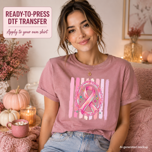 Breast cancer awareness pink ribbon and stars DTF transfer shown on pink shirt mockup