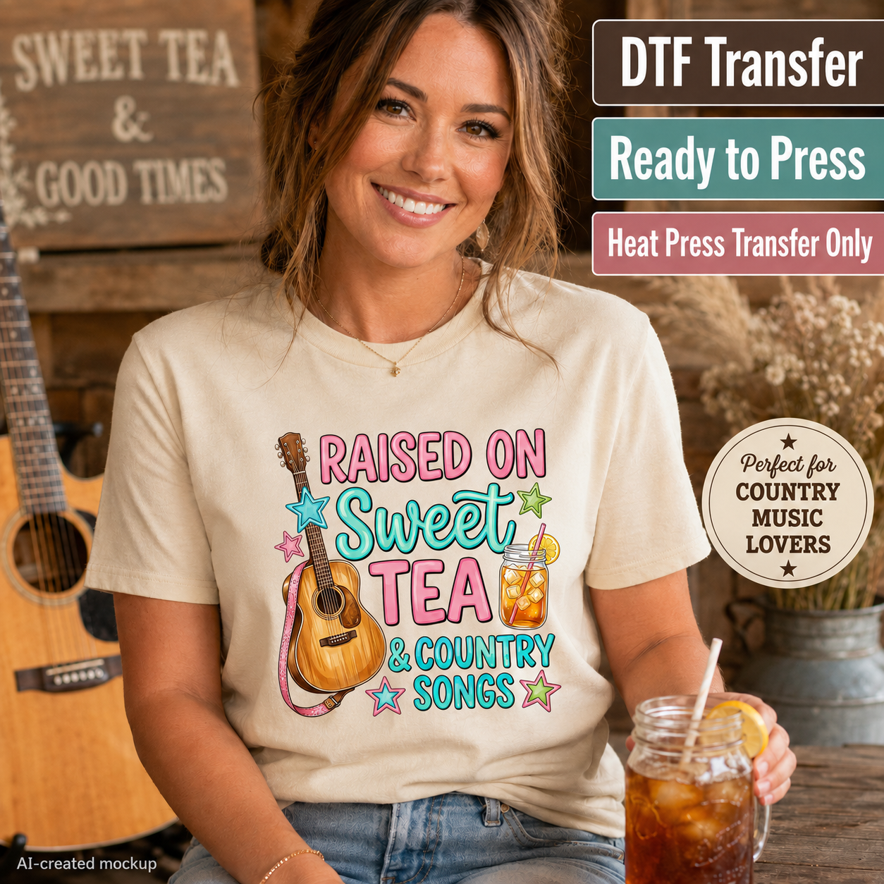 A smiling woman wearing a cream-colored t-shirt with a colorful graphic that reads 'RAISED ON Sweet TEA & COUNTRY SONGS' alongside a guitar and iced tea illustration. She is holding an iced tea glass in a rustic room with a guitar and wooden signs in the background.