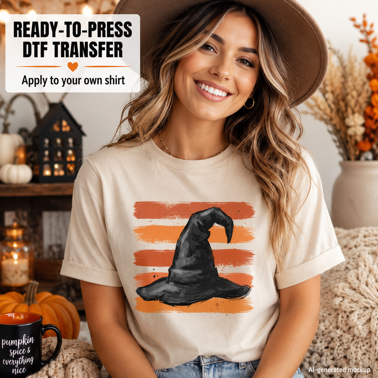 A woman wearing a beige t-shirt with a Halloween graphic of a black witch hat on orange striped brushstrokes, styled with a brown hat in a cozy fall-themed room setting.