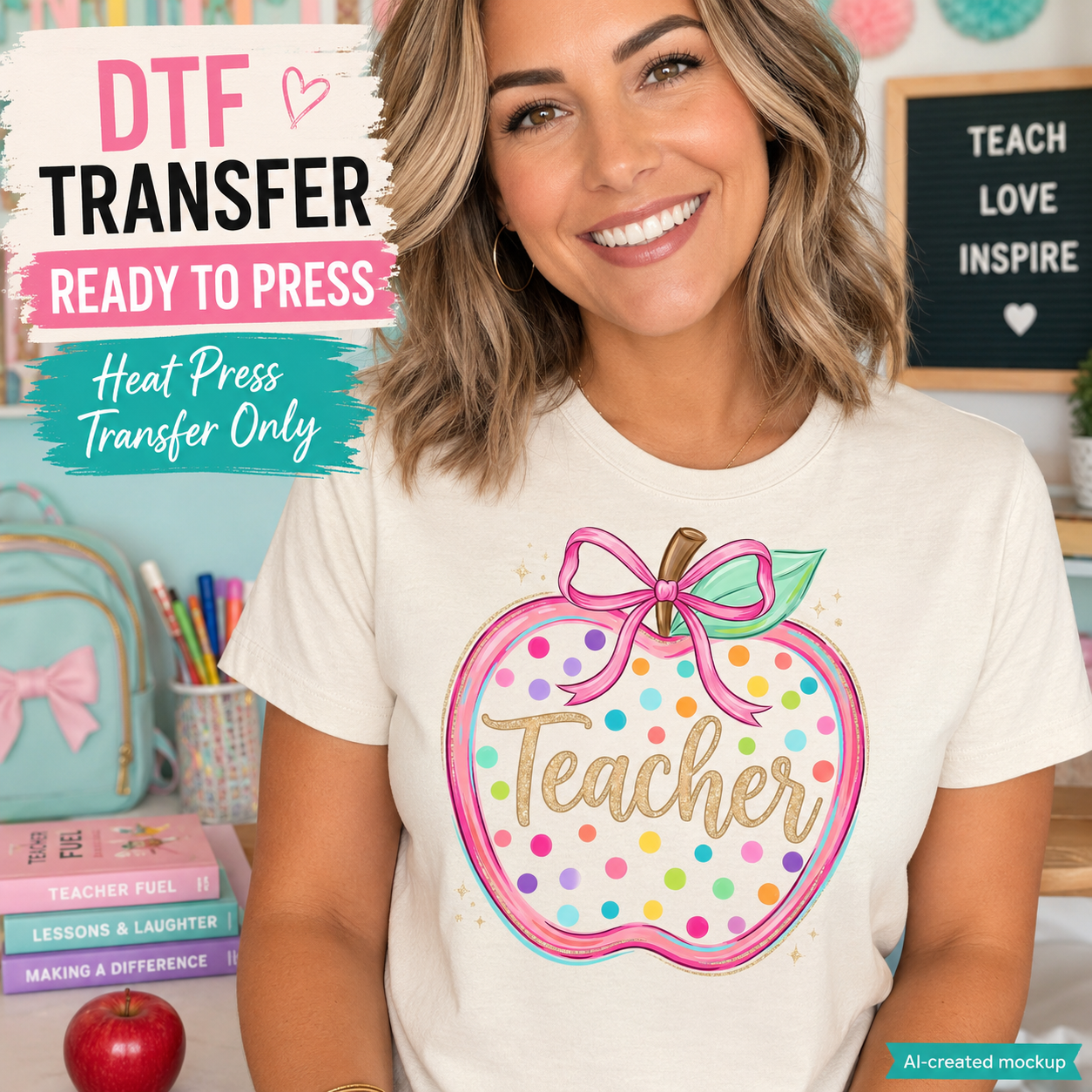 A smiling woman wearing a cream-colored t-shirt with a colorful graphic of an apple containing the word 'Teacher' in gold script, surrounded by pink, blue, and yellow dots, with a pink bow. The background is a decorated classroom setting with a chalkboard and school supplies, and text overlays advertise a 'DTF Transfer Ready to Press' product.