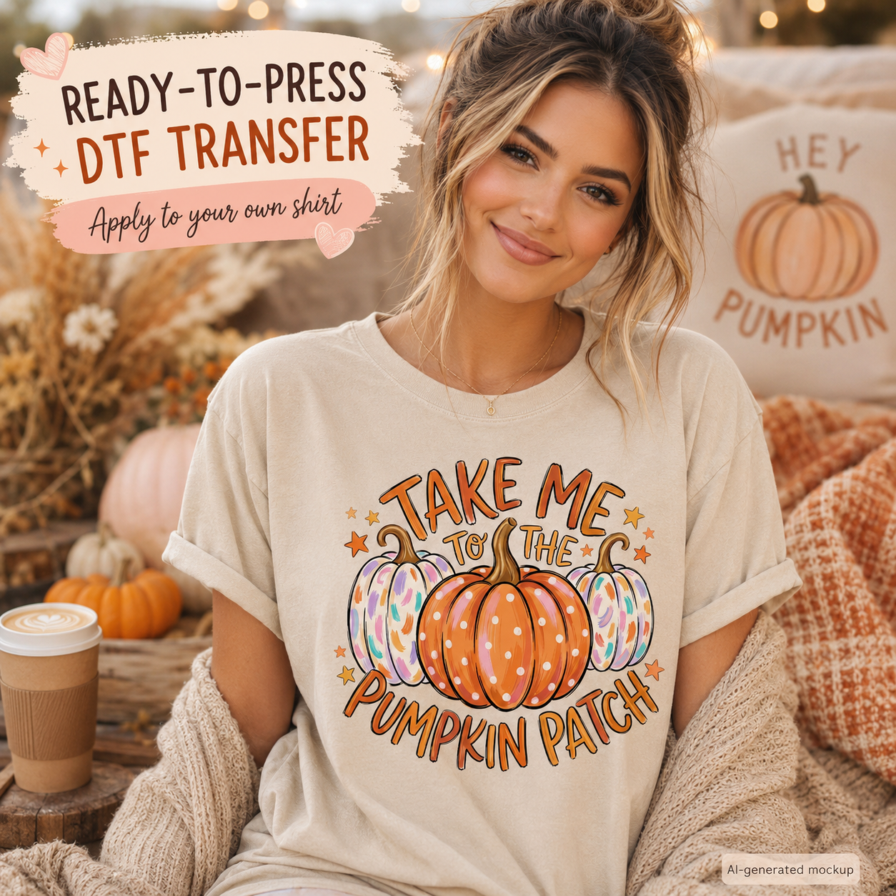 Take Me to the Pumpkin Patch fall DTF transfer shown on cream shirt mockup