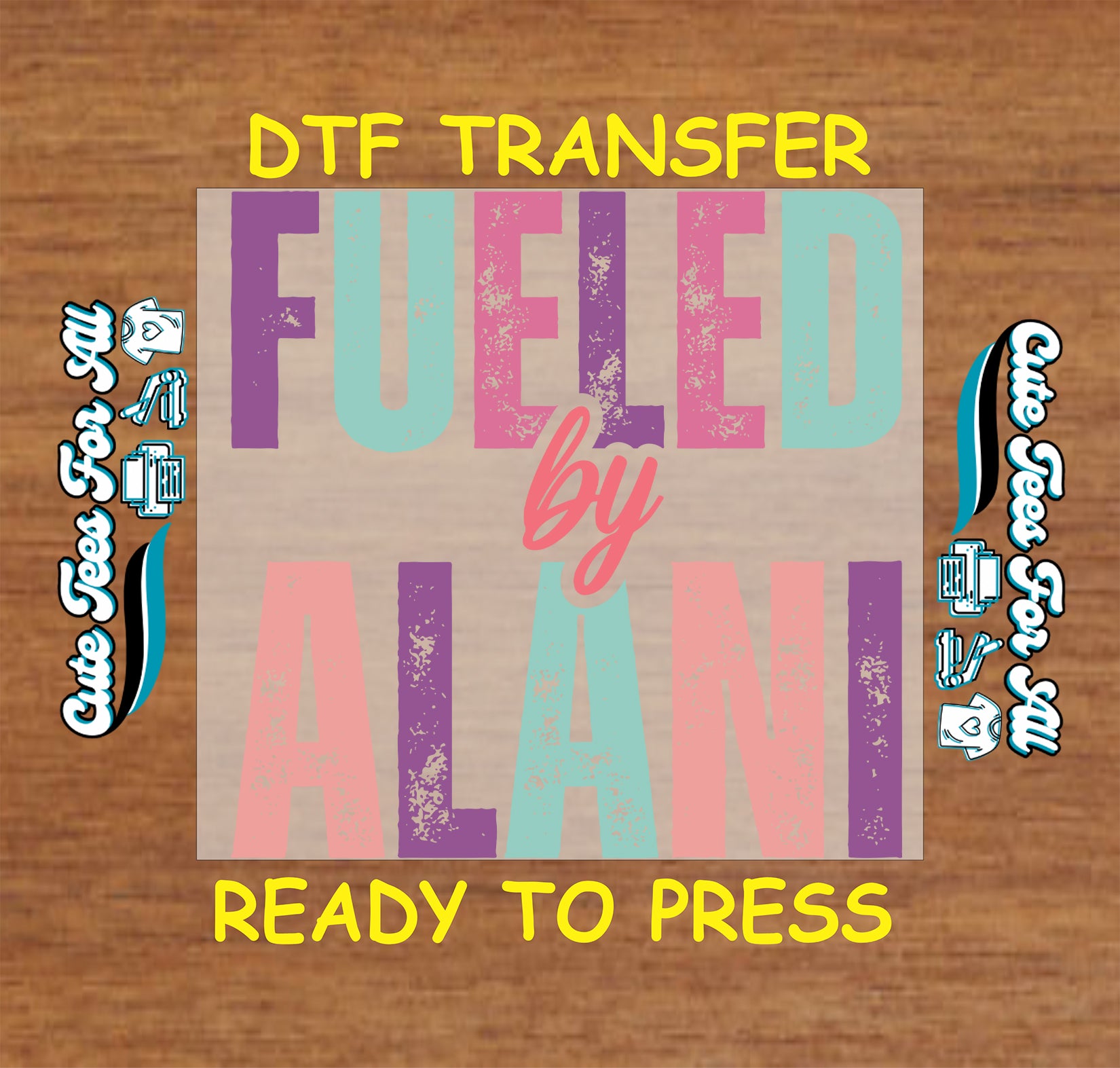 Colorful Fueled by Alani energy drink ready-to-press DTF transfer mock up
