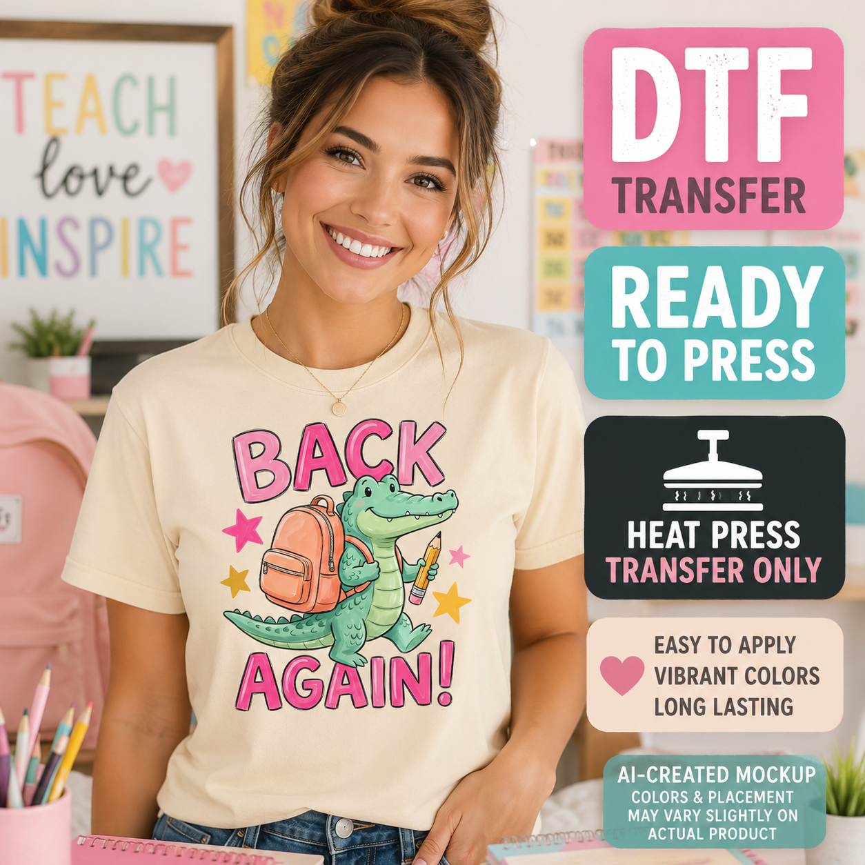 Back Again alligator teacher DTF transfer shown on cream shirt mockup
