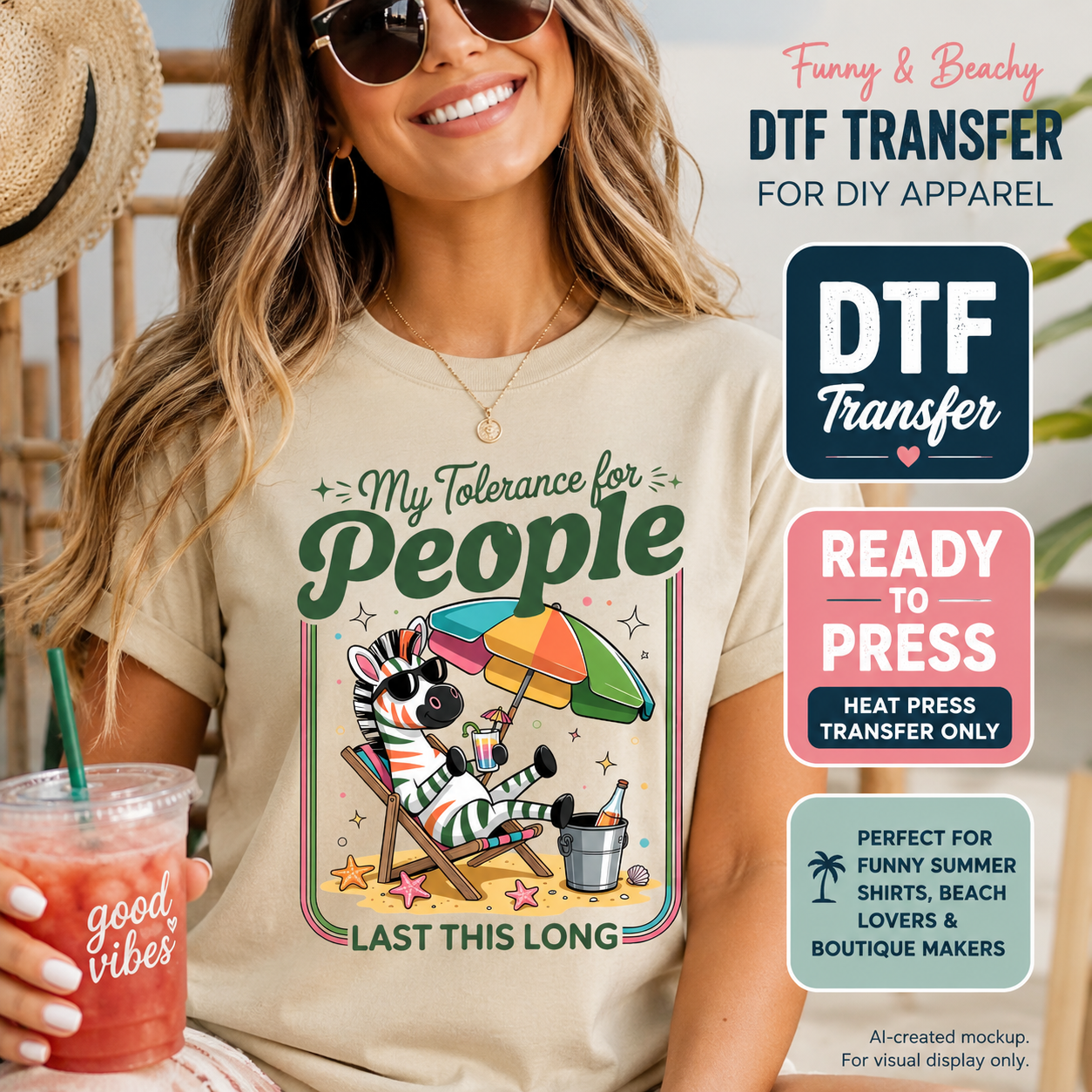 Funny My Tolerance for People zebra beach DTF transfer shown on cream shirt mockup