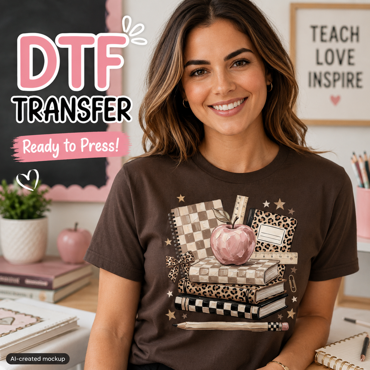 Leopard print books and pink apple teacher DTF transfer shown on brown shirt mockup